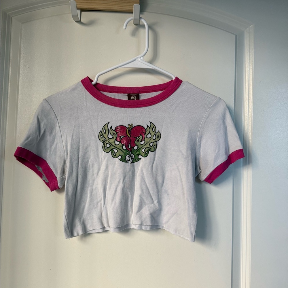 White and Pink Cropped Tee with Butterfly
